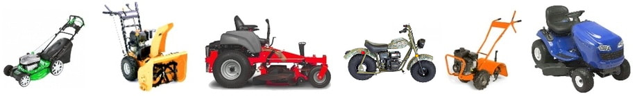 Picture of a lawnmower, snowblower, zero turn, chainsaw, rototiller, and lawn tractor.